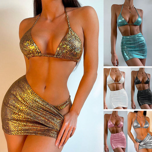 Women's 3 Piece Bathing Suits Halter Snake Pattern Bikini Set With Cover Up Skirt Summer Swimsuit - KuzuSHOP