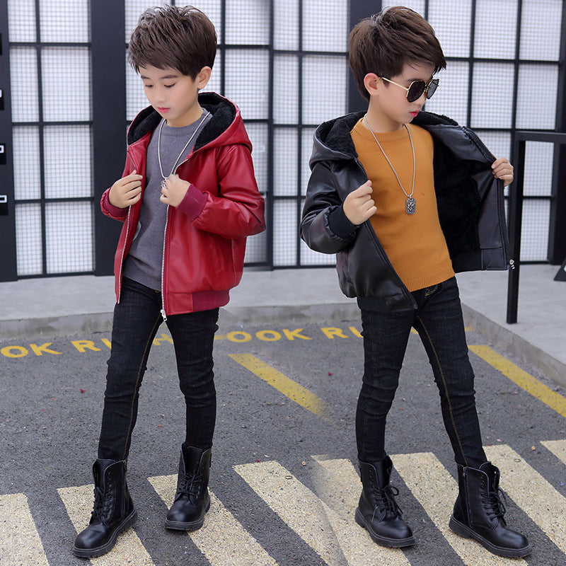 PU Leather Jacket Children's Wear Hooded Padded Coat - KuzuSHOP