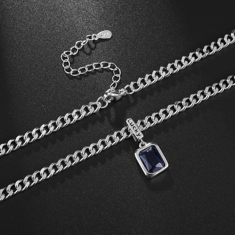 Silver Cuban Link Chain SETI Net Lucky Blue Zircon Pendant Necklace - KuzuSHOP