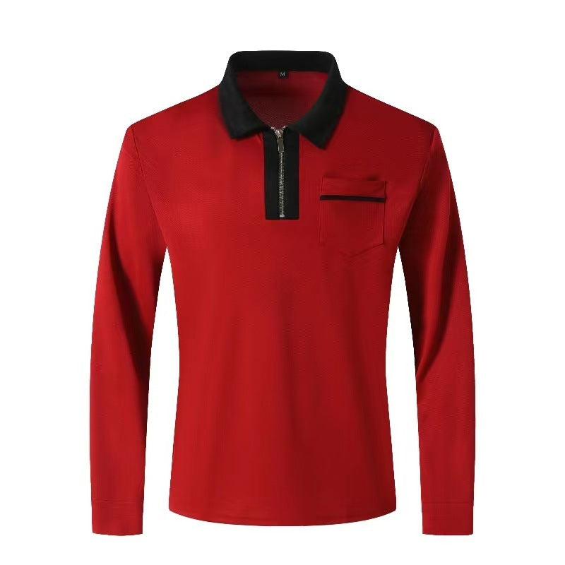 2024 Autumn Mens Long Sleeve Zipper Polo Shirts Casual Lapel Collar Zip Up Henley Shirts Cotton Sports Golf Tennis T-Shirts With Pockets - KuzuSHOP