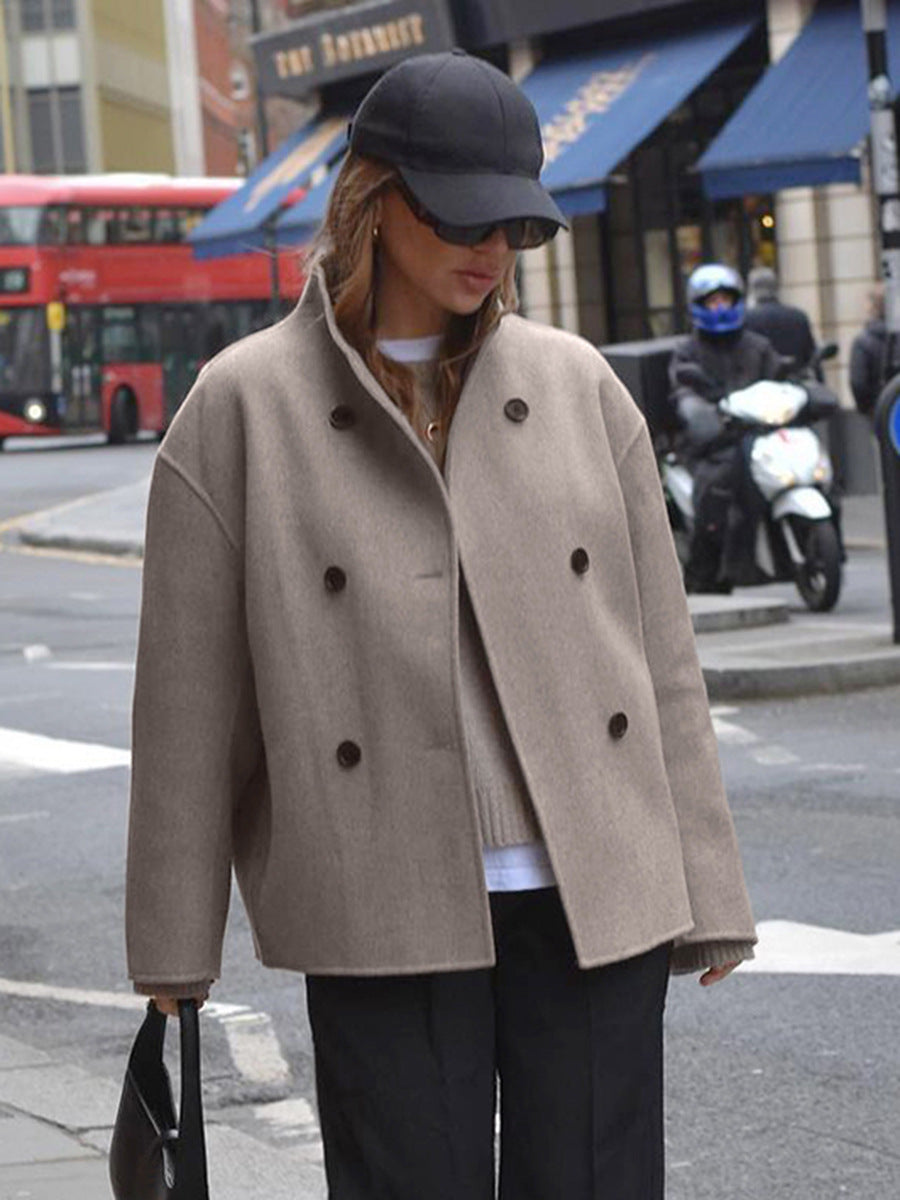 Designed Brown Double-breasted Woolen Coat For Women Winter Thickened Woolen Coat - KuzuSHOP
