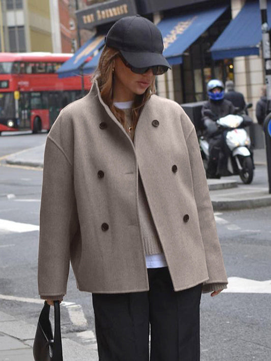 Designed Brown Double-breasted Woolen Coat For Women Winter Thickened Woolen Coat - KuzuSHOP