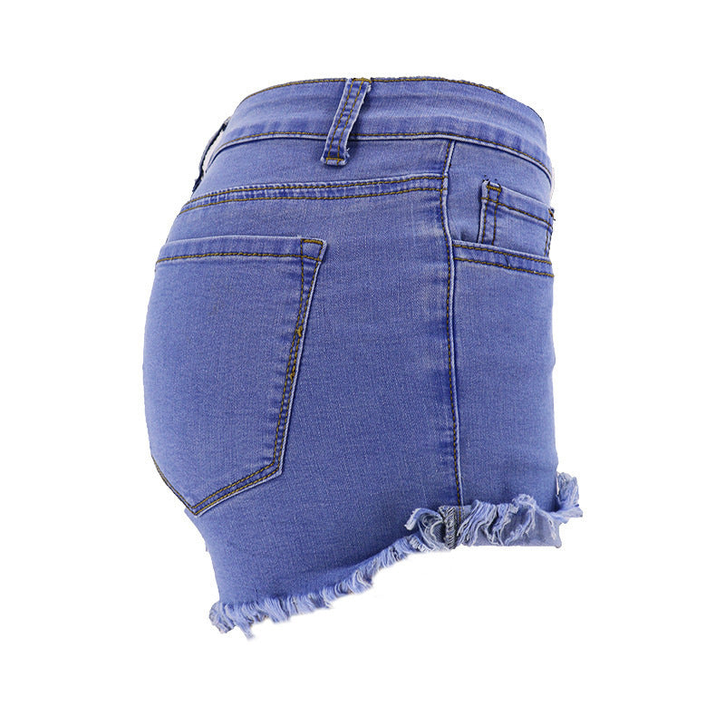 Blue High-waisted Feet Fringed Denim Shorts Women - KuzuSHOP