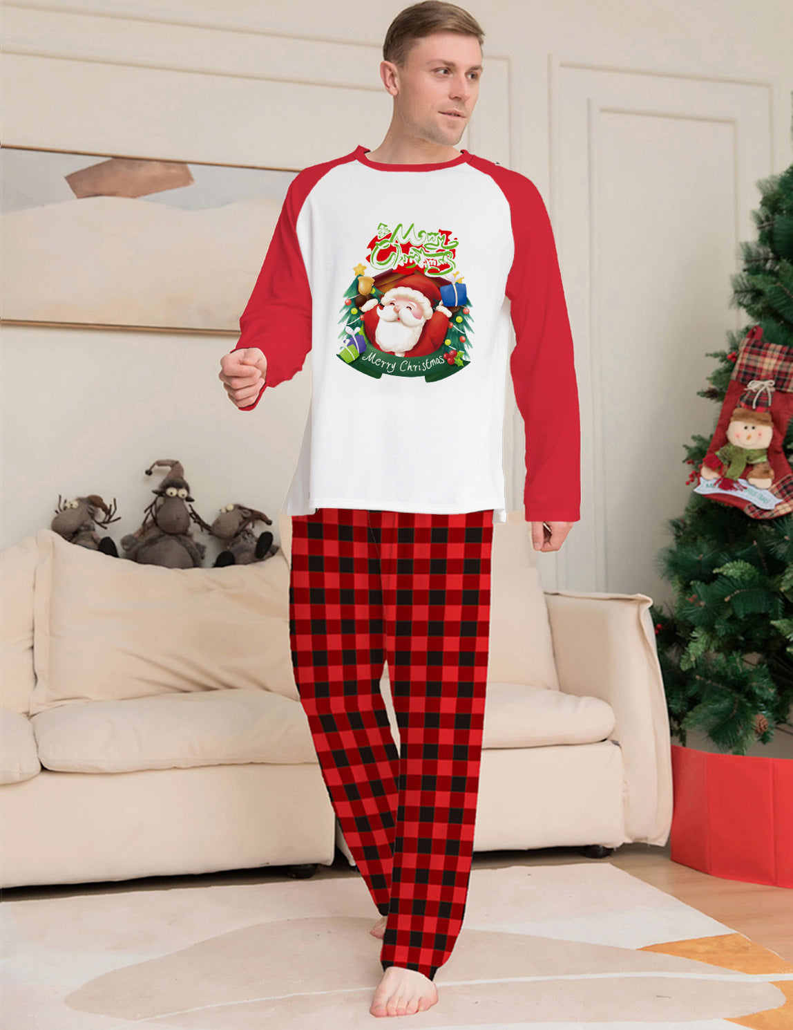 Christmas Parent-Child Clothes Set Long Sleeve T-Shirt Plaid Pants Family Matching Pajamas - KuzuSHOP