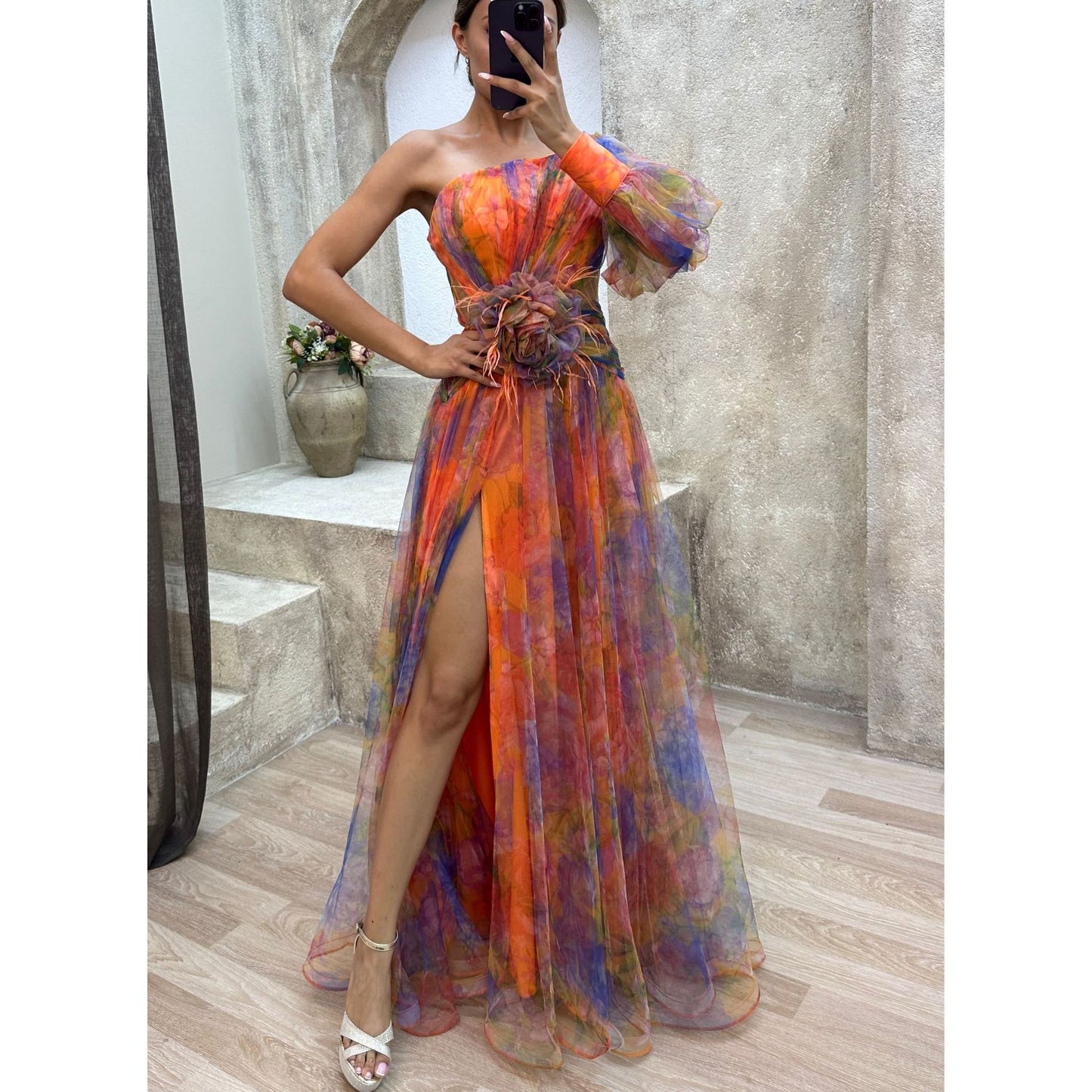Mesh Tie-dye Printed Off-shoulder Slit Dress Summer INS Fashion Long Dress Party Womens Clothing - KuzuSHOP