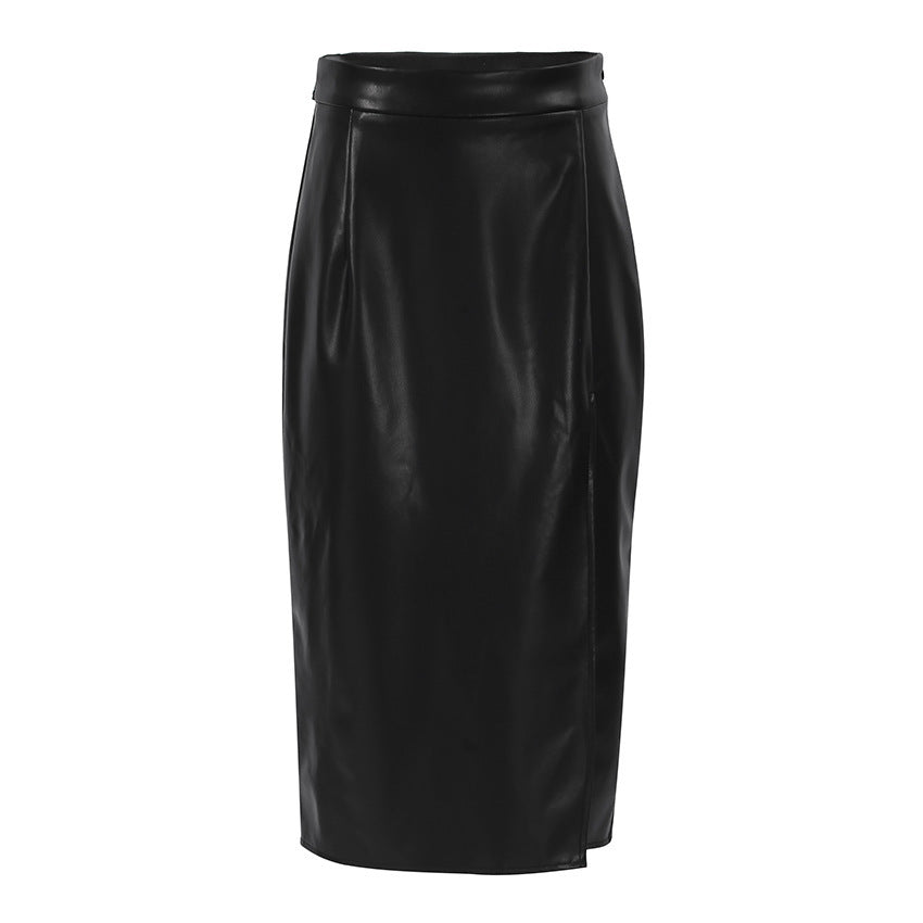 Slit Leather Sexy Mid Length Skirt High Waist Skirt - KuzuSHOP