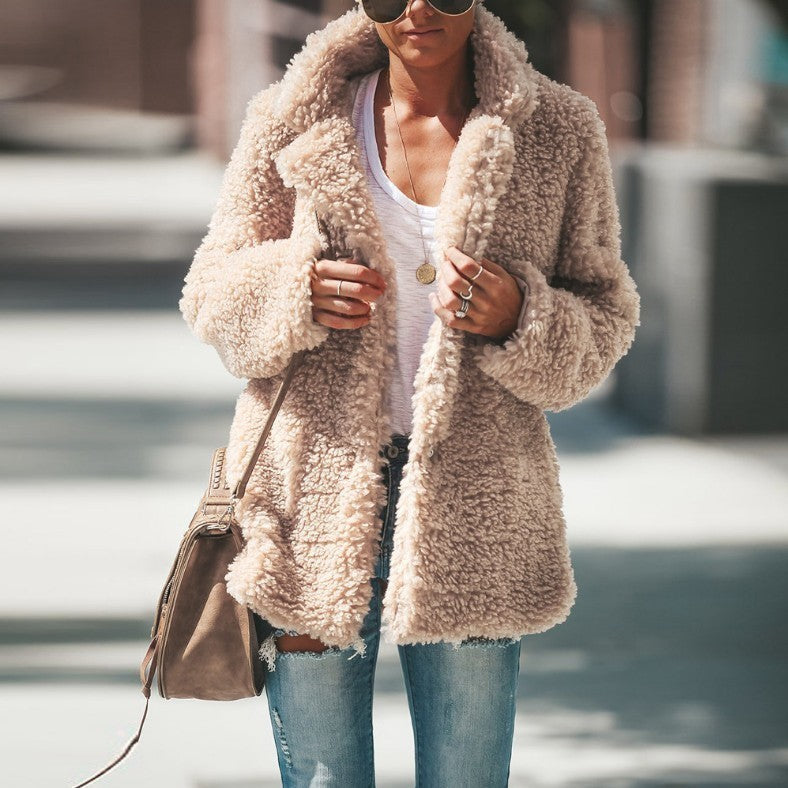 Lapel Long Sleeve Fluffy Furry Faux Fur Jackets Woman Overcoat - KuzuSHOP
