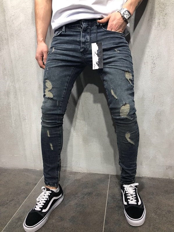 Customized models Europe and the United States high street tide men's hole jeans stretch large size pants slim pants Biker jeans - KuzuSHOP