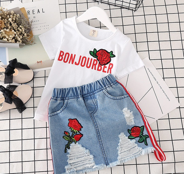 Kids Clothes White T-shirt Denim Skirt 2pcs Girls Suits - KuzuSHOP