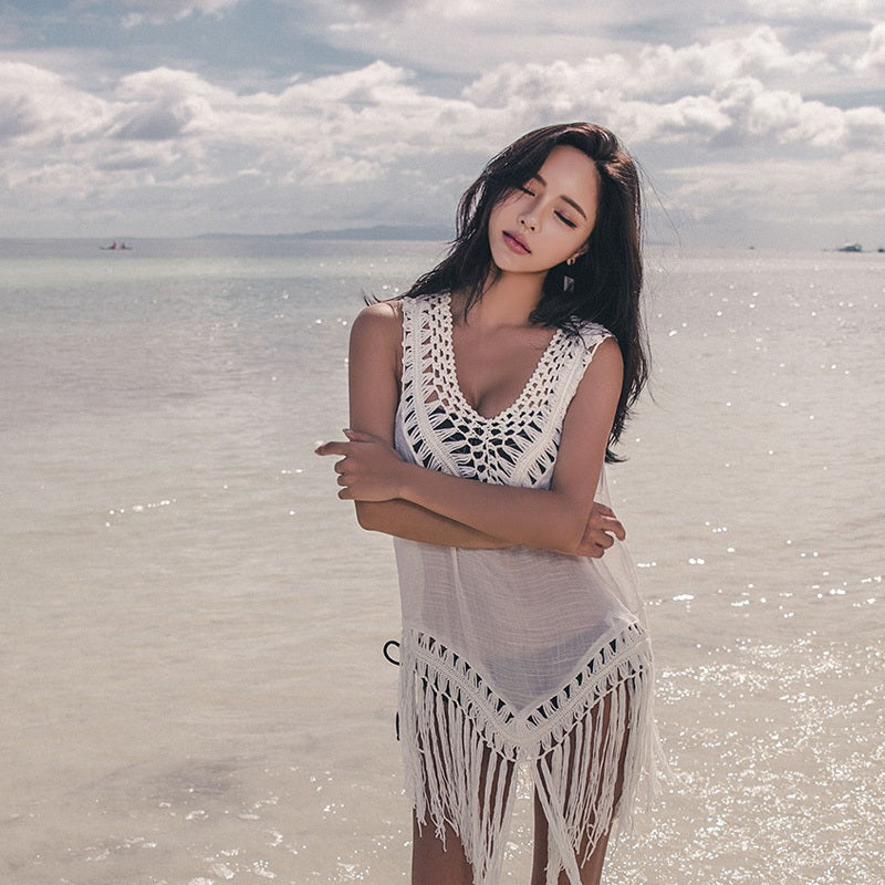 Sexy Cover Up Summer Beach Wear Tassel Bathing Suit Pareo Swimsuit Bikini Sunscreen One Piece Robe Beach Tunic Swimwear - KuzuSHOP