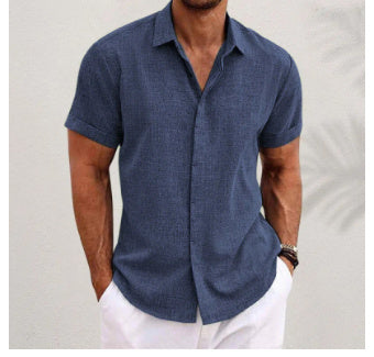 Men's Solid Color Loose Linen Short-sleeved T-shirt - KuzuSHOP