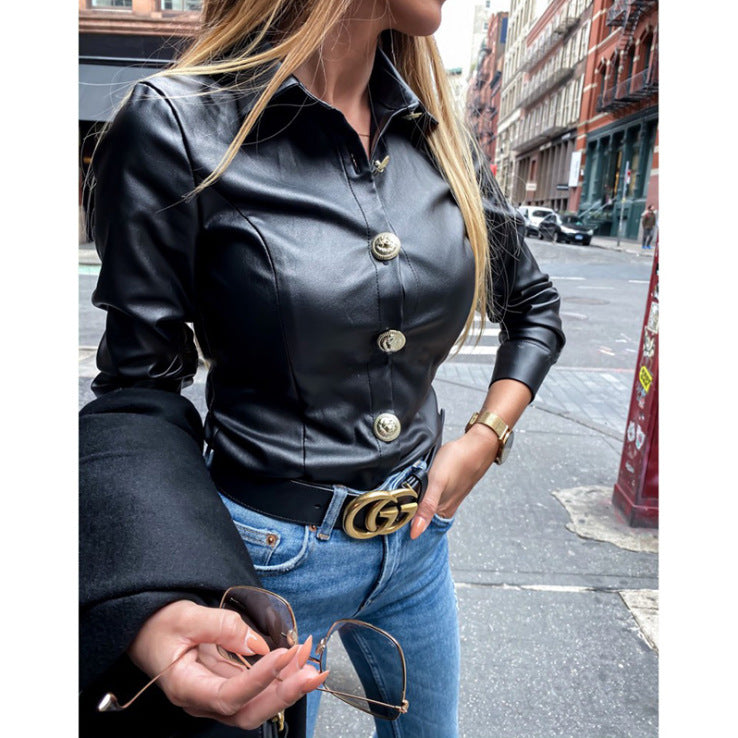 Cross-border 2020 European and American autumn and winter new products women's leather jackets single-breasted lapel long-sleeved casual fashion leather shirts - KuzuSHOP