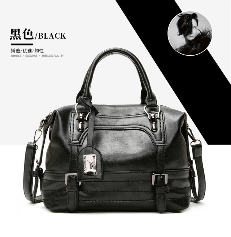 Cross-border new retro oil wax leather Boston bag women's bag temperament pendant handbag European and American shoulder bag - KuzuSHOP