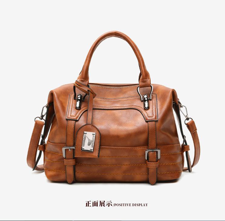 Cross-border new retro oil wax leather Boston bag women's bag temperament pendant handbag European and American shoulder bag - KuzuSHOP