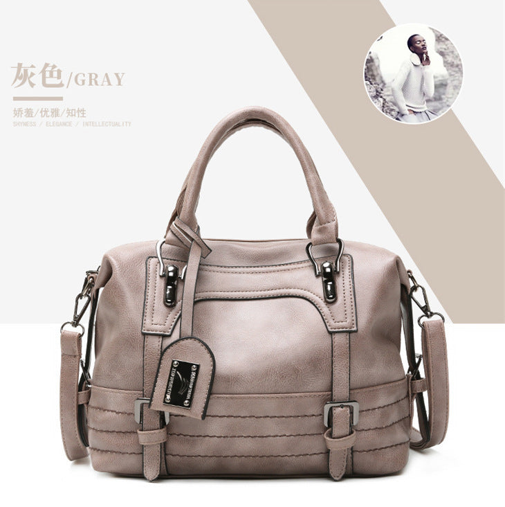 Cross-border new retro oil wax leather Boston bag women's bag temperament pendant handbag European and American shoulder bag - KuzuSHOP