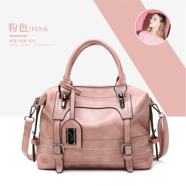 Cross-border new retro oil wax leather Boston bag women's bag temperament pendant handbag European and American shoulder bag - KuzuSHOP
