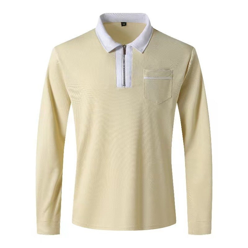 2024 Autumn Mens Long Sleeve Zipper Polo Shirts Casual Lapel Collar Zip Up Henley Shirts Cotton Sports Golf Tennis T-Shirts With Pockets - KuzuSHOP