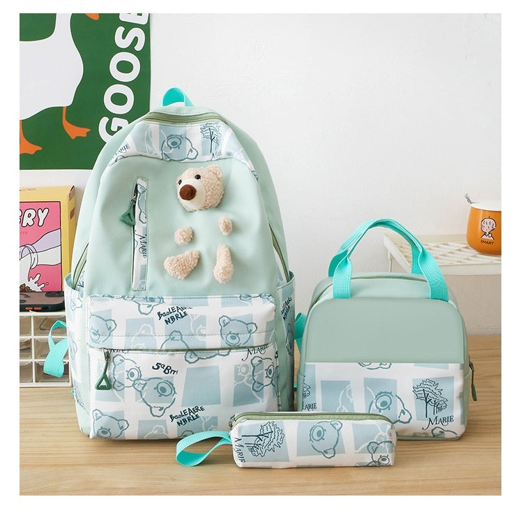 Elementary And Middle School Student Schoolbags Women's Cute Bear Lunch Box Three-piece Set - KuzuSHOP