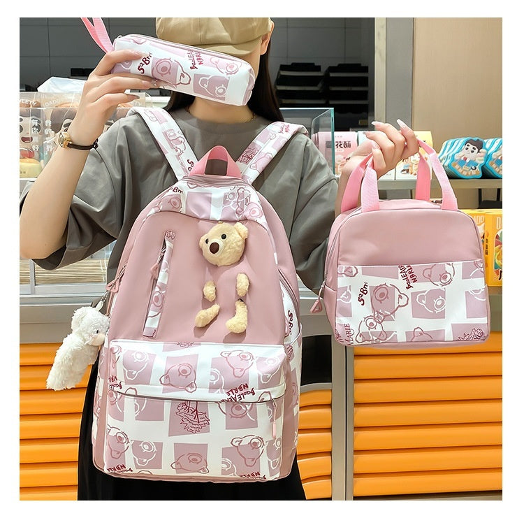 Elementary And Middle School Student Schoolbags Women's Cute Bear Lunch Box Three-piece Set - KuzuSHOP