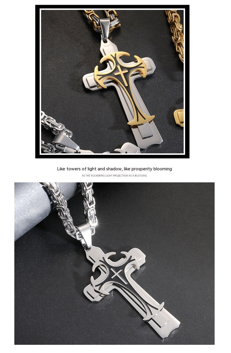 Fashion Jewelry Christian Trinity Latin Cross Necklace For Men Stainless Steel Three Layers Cross Pendants Necklaces Jewelry Gift - KuzuSHOP