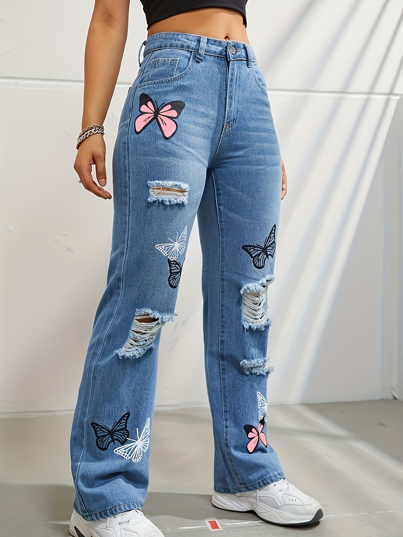 High Waisted Straight Leg Jeans For Women Trendy Butterfly Print Ripped Distressed Denim Pants - KuzuSHOP