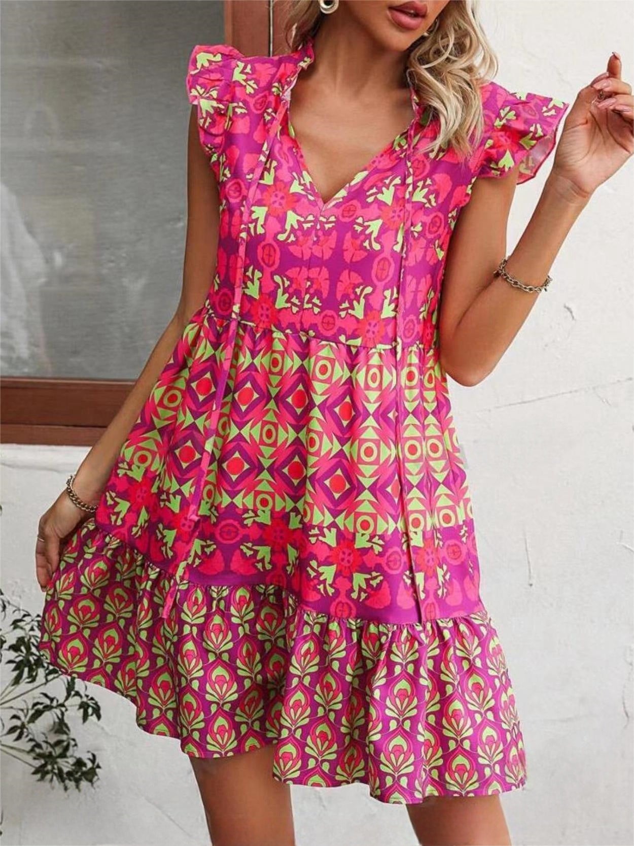 Printed Sleeveless Dress Summer Fashion V-Neck Lace-up Straight Dresses For Womens Clothing - KuzuSHOP