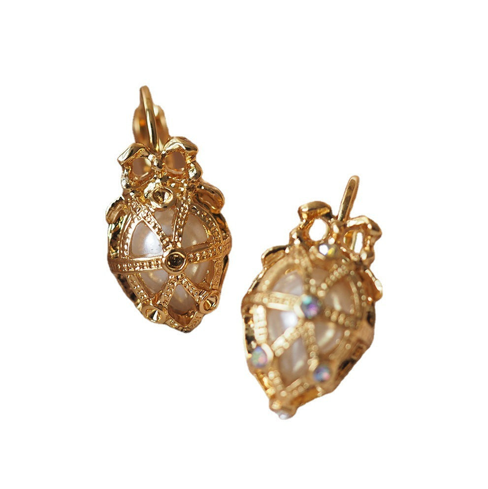 Vintage Easter Egg Bow Pendant Pearl Earrings Hollow Out - KuzuSHOP