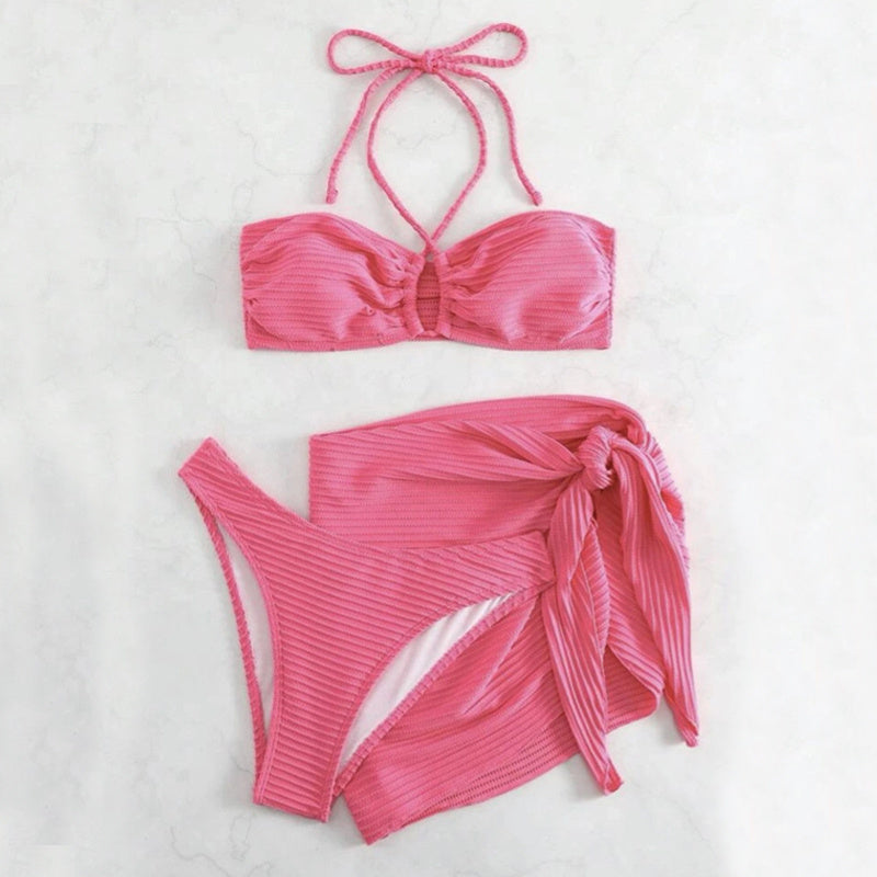 3pcs Solid Color Stripe Swimsuit Sexy Summer Beach Bikini Set Womens Clothing - KuzuSHOP