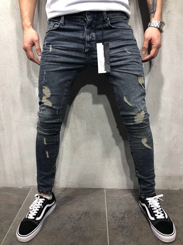 Customized models Europe and the United States high street tide men's hole jeans stretch large size pants slim pants Biker jeans - KuzuSHOP