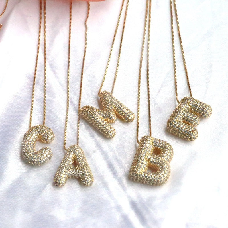 Brass Zircon Bubble Balloon Letter Pendant Necklace For Women - KuzuSHOP