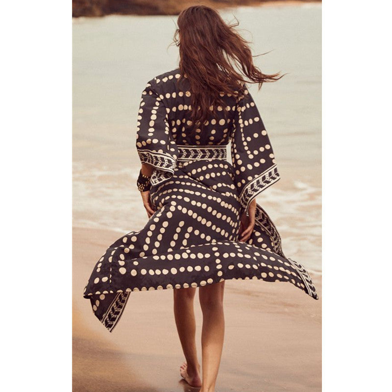 Beach Cardigan Long Sleeve Sun Protection Lace-up Printing Long Beach Wear Dress Leisure Fashion Loose Sexy Bikini Cover Up - KuzuSHOP