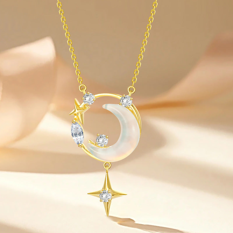 S925 Sterling Silver Star Moon Necklace Women's Light Luxury Minority Clavicle Chain - KuzuSHOP