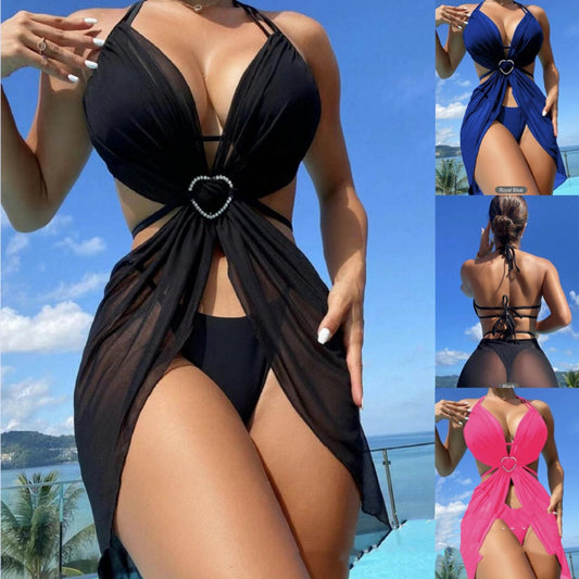 3pcs Halter Neck Bikini Beach Summer Solid Color Split Swimsuit Womens Clothing - KuzuSHOP