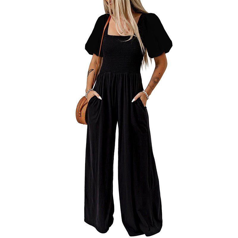 Women's Square Collar Short Sleeve Jumpsuit - KuzuSHOP