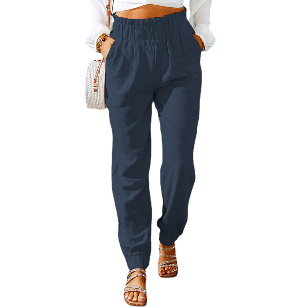 New Casual Pants European And American Ruffled Elastic Belt High Waist Trousers - KuzuSHOP