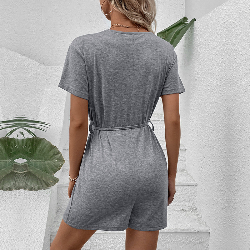 Women's Solid Color Casual White Belt Jumpsuit - KuzuSHOP