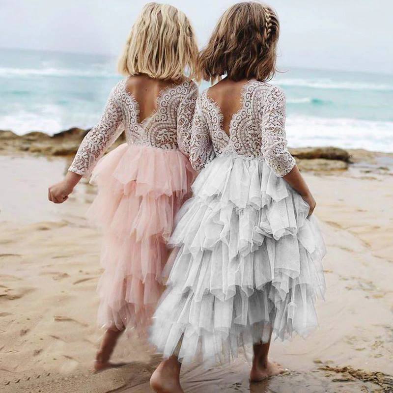 Autumn And Winter Explosions Hollow Children's Skirt Lace Long-sleeved Girls White Princess Dress Irregular Dress - KuzuSHOP