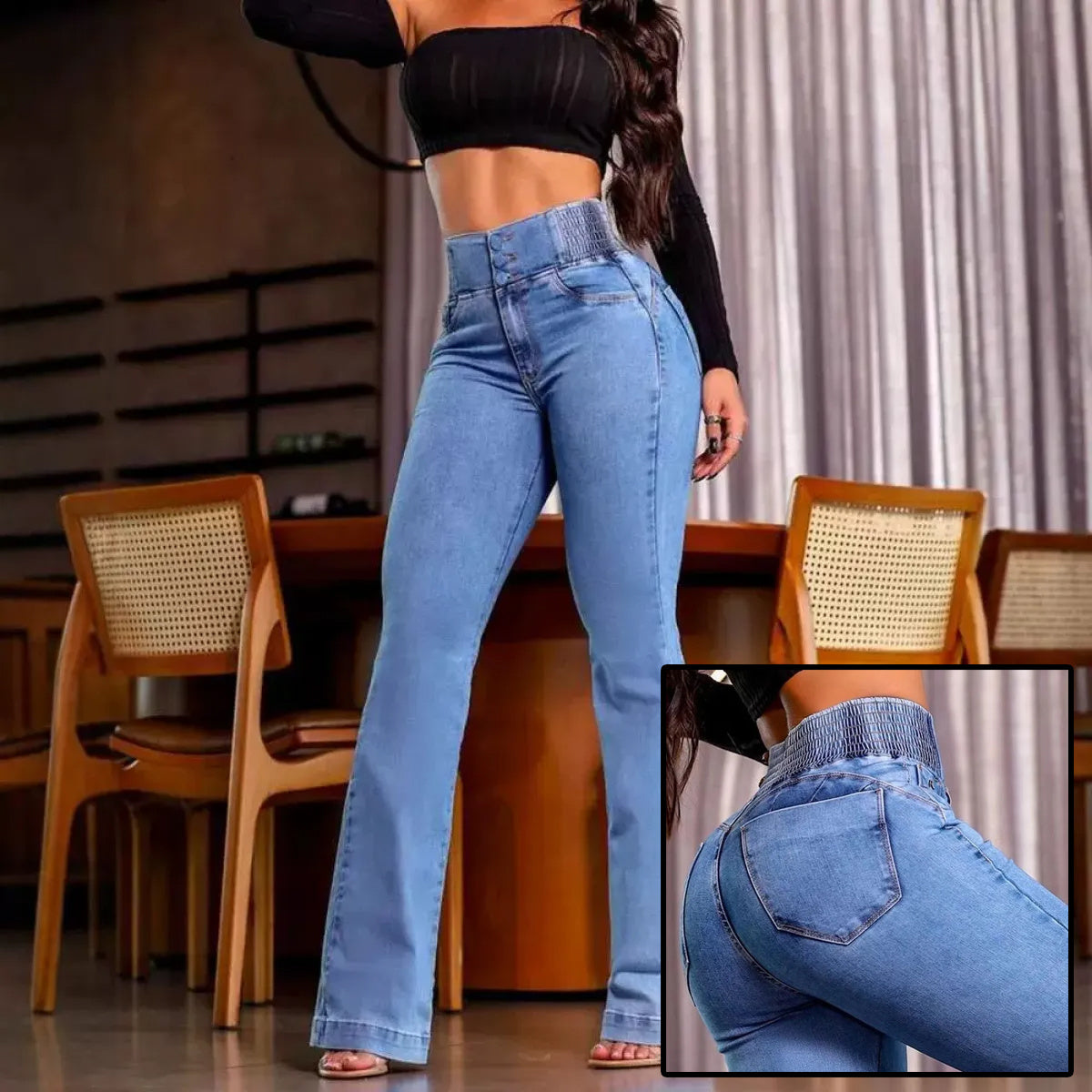 Sexy Elegant New Fashion Casual Female Trouser Bottom Back Shirred Button Front High Waist Jeans - KuzuSHOP