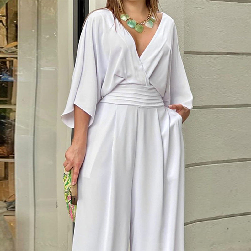 Women's Fashion Solid Color Short-sleeved V-neck Jumpsuit - KuzuSHOP
