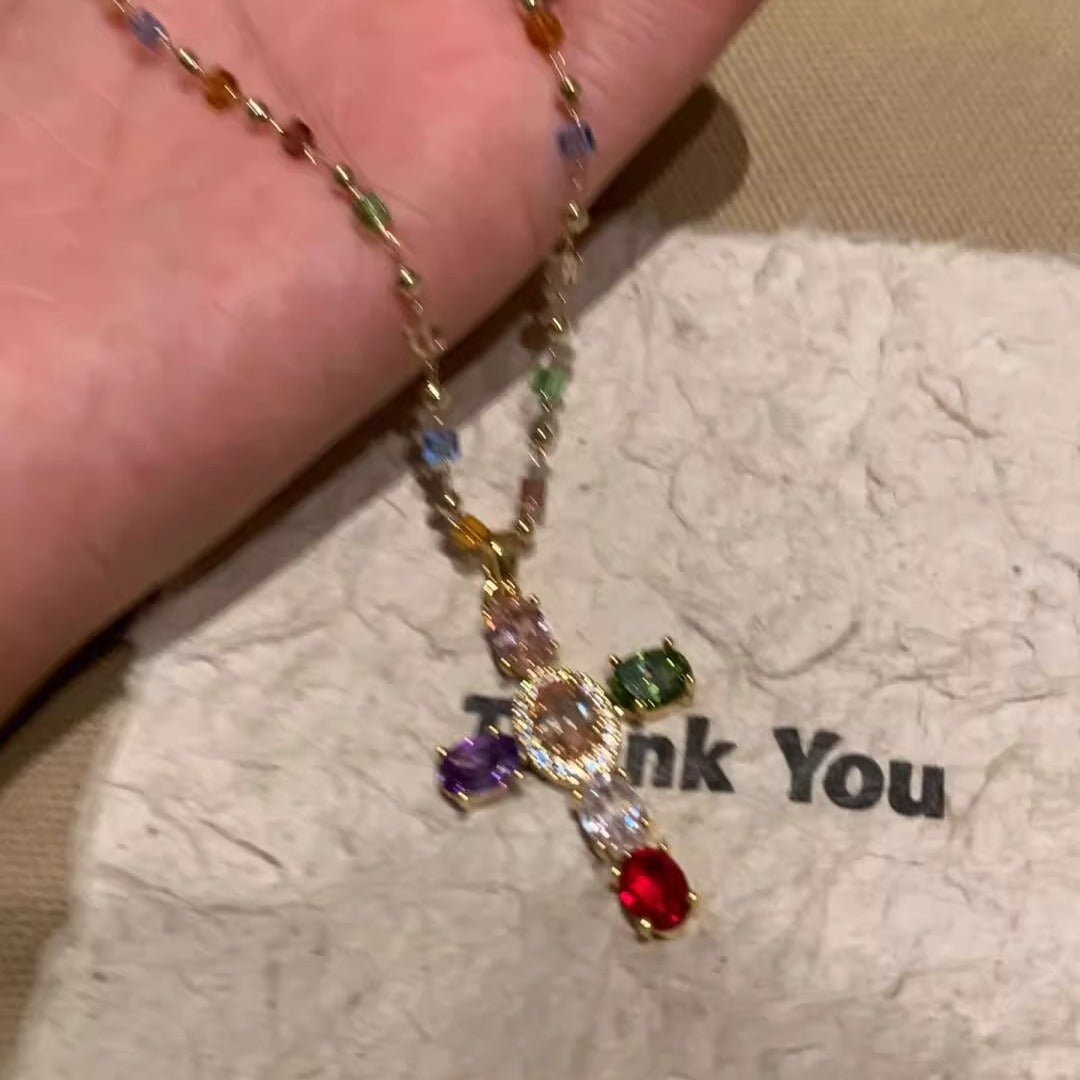 Color Zircon Cross Necklace Clavicle Chain - KuzuSHOP