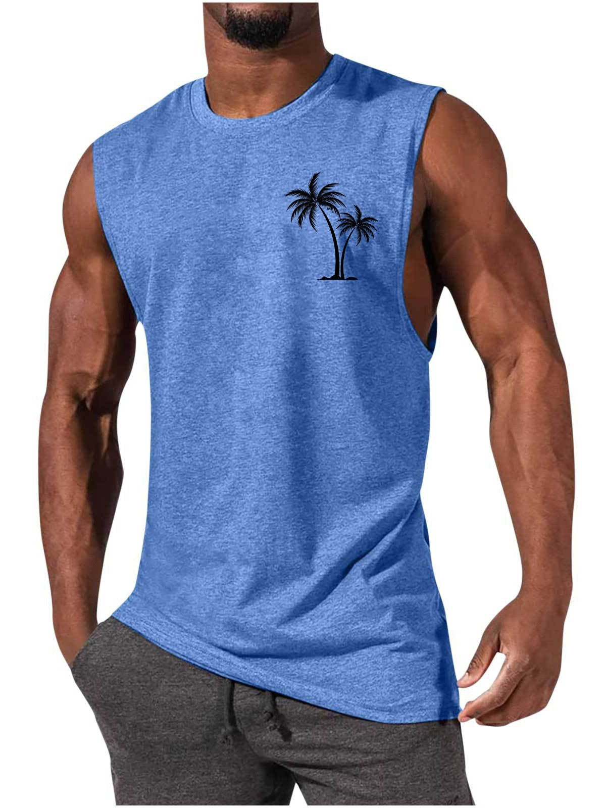 Coconut Tree Embroidery Vest Summer Beach Tank Tops Workout Muscle Men Sports Fitness T-shirt - KuzuSHOP