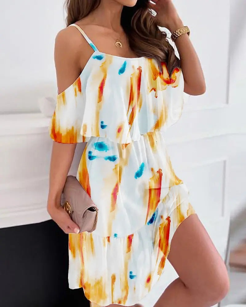 Flower Printed Ruffled Suspender Dress Summer Off-the-shoulder Strap Dresses Women - KuzuSHOP