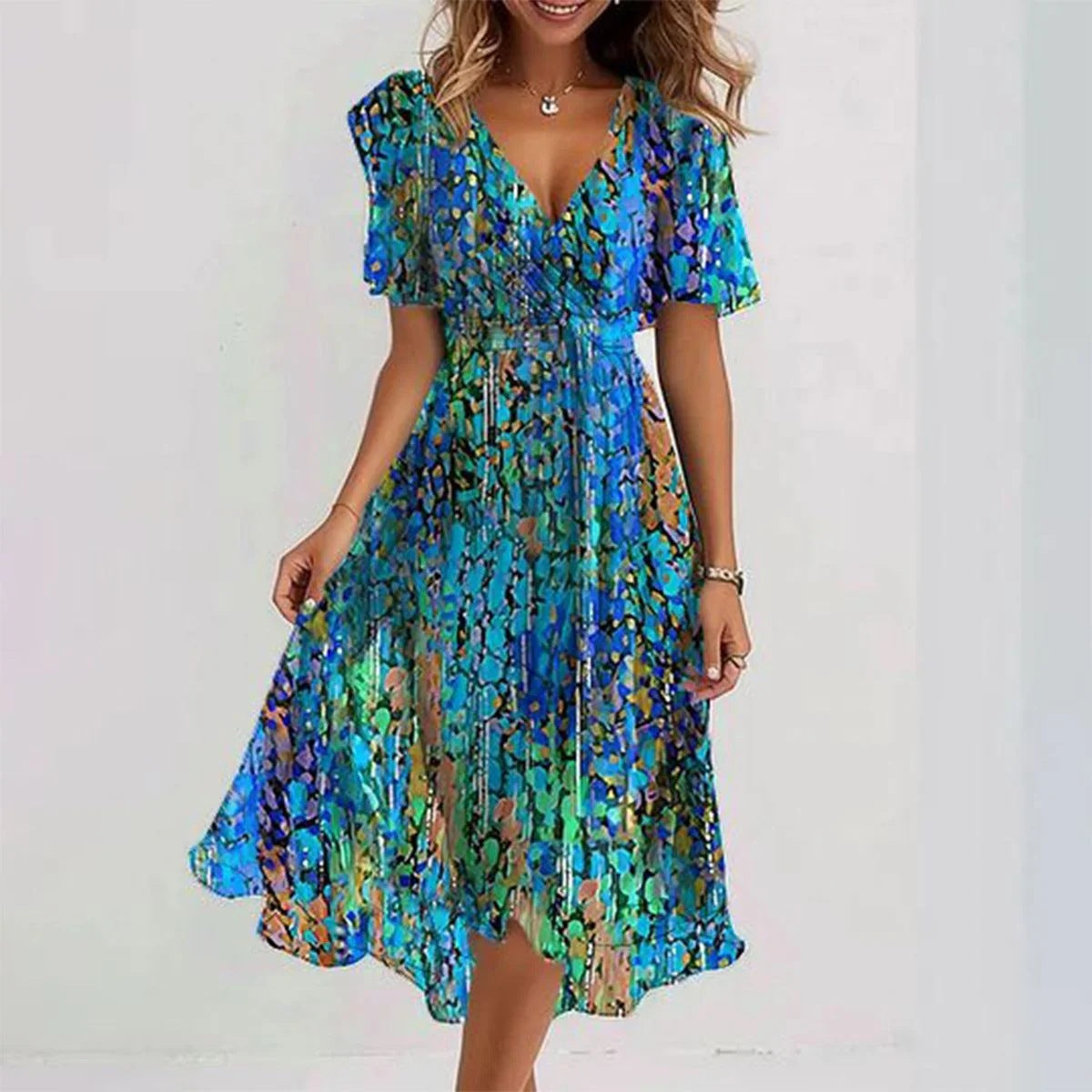 Chiffon Printed Short Sleeve Dress Summer Elegant V-neck Dresses Womens Clothing - KuzuSHOP