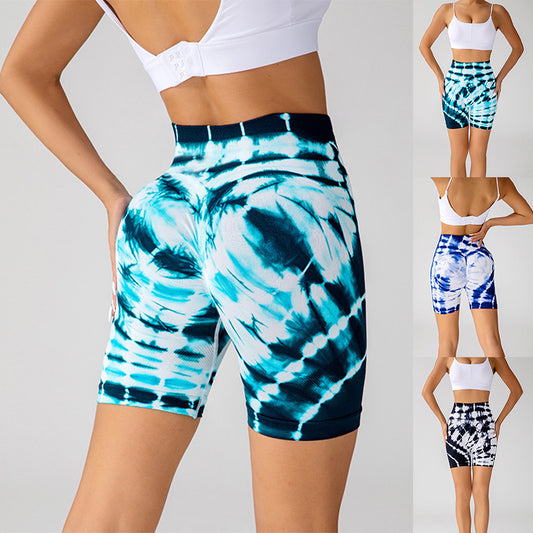 Tie-dye Printed Yoga Shorts Fashion Seamless High-waisted Hip-lifting Pant Sports Running Fitness Pants For Womens Clothing - KuzuSHOP