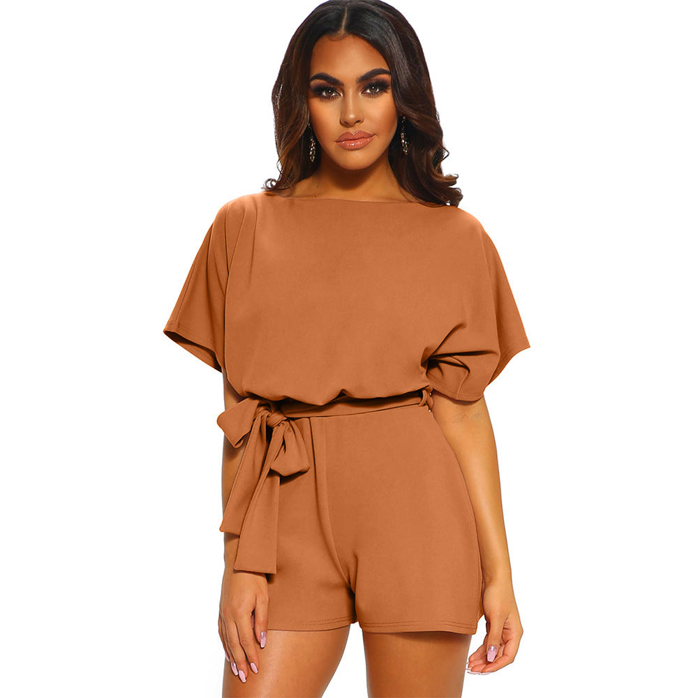 Women's Round Neck Short-sleeved Lace-up Jumpsuit - KuzuSHOP