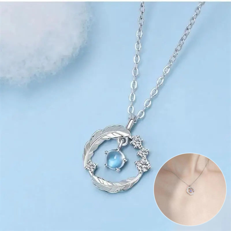 925 Silver Plated  Feather Shape Pendant Necklace Moonstone Round Bead Jewelry Choker Gift - KuzuSHOP