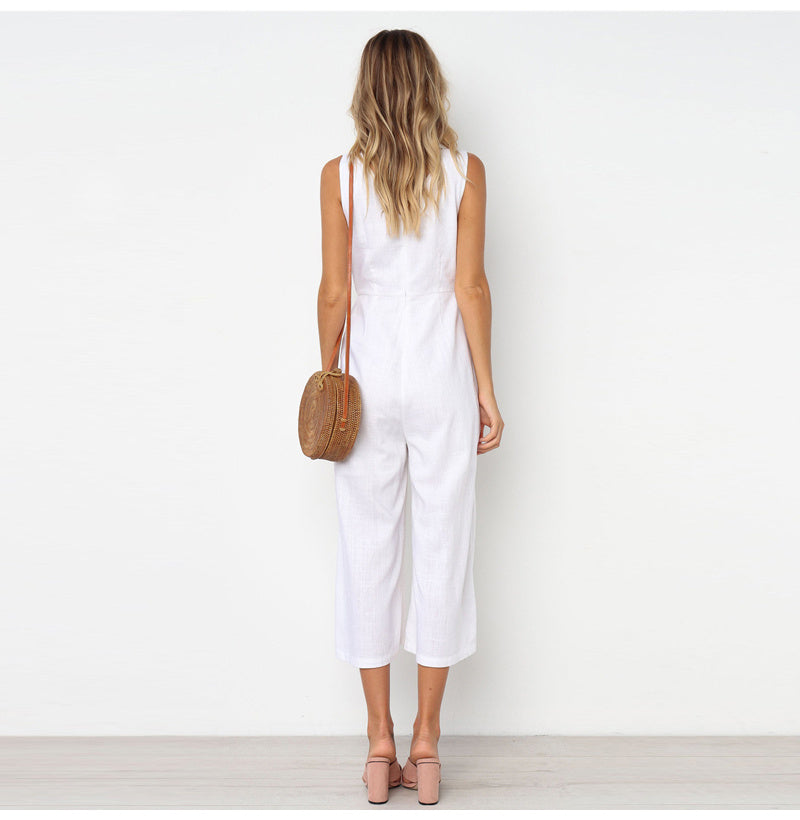 V-neck button backless jumpsuit - KuzuSHOP