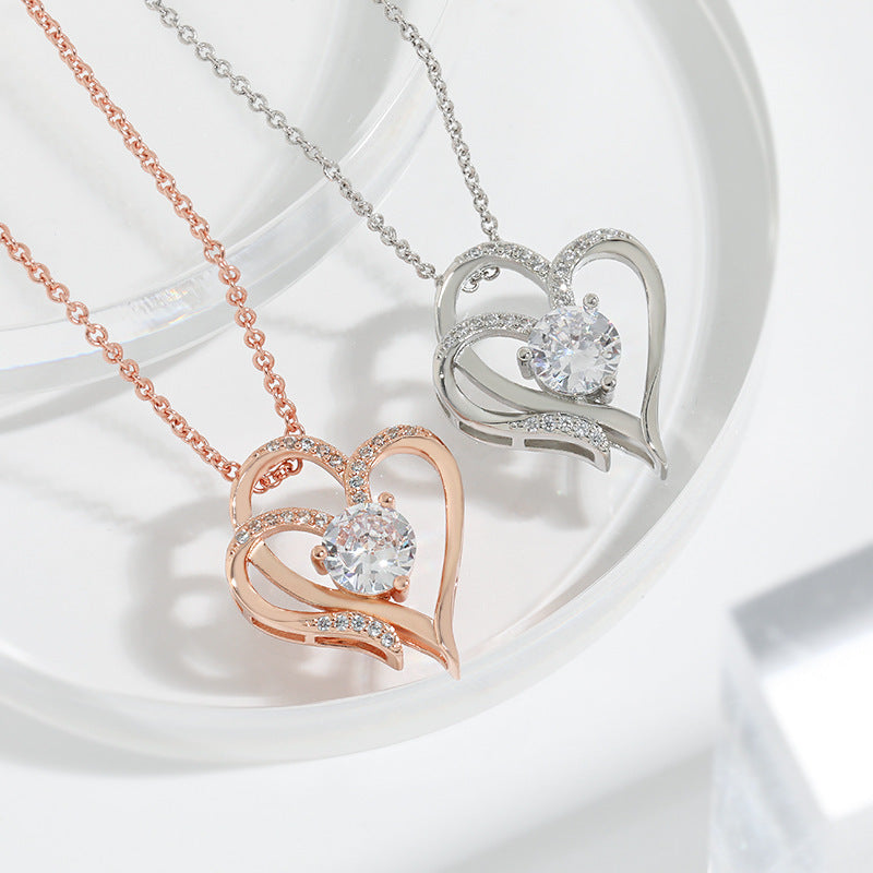 Zircon Double Love Necklace With Rhinestones Ins Personalized Heart-shaped Necklace Clavicle Chain Jewelry For Women Valentine's Day - KuzuSHOP