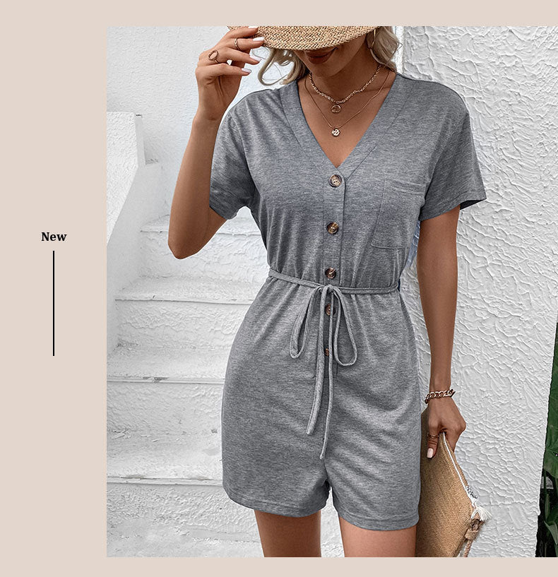 Women's Solid Color Casual White Belt Jumpsuit - KuzuSHOP