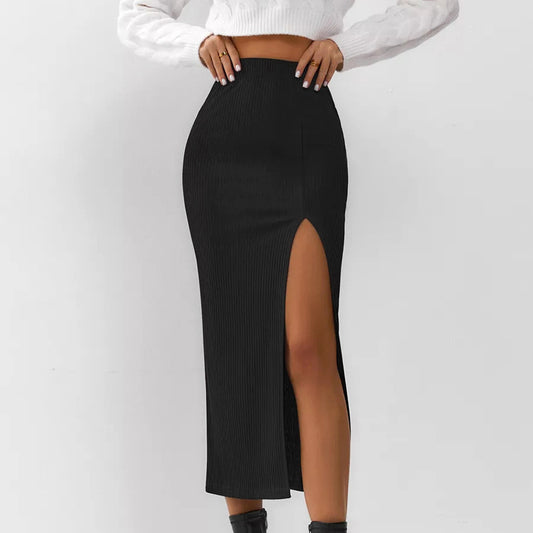 Women's Black Straight Split Skirt - KuzuSHOP